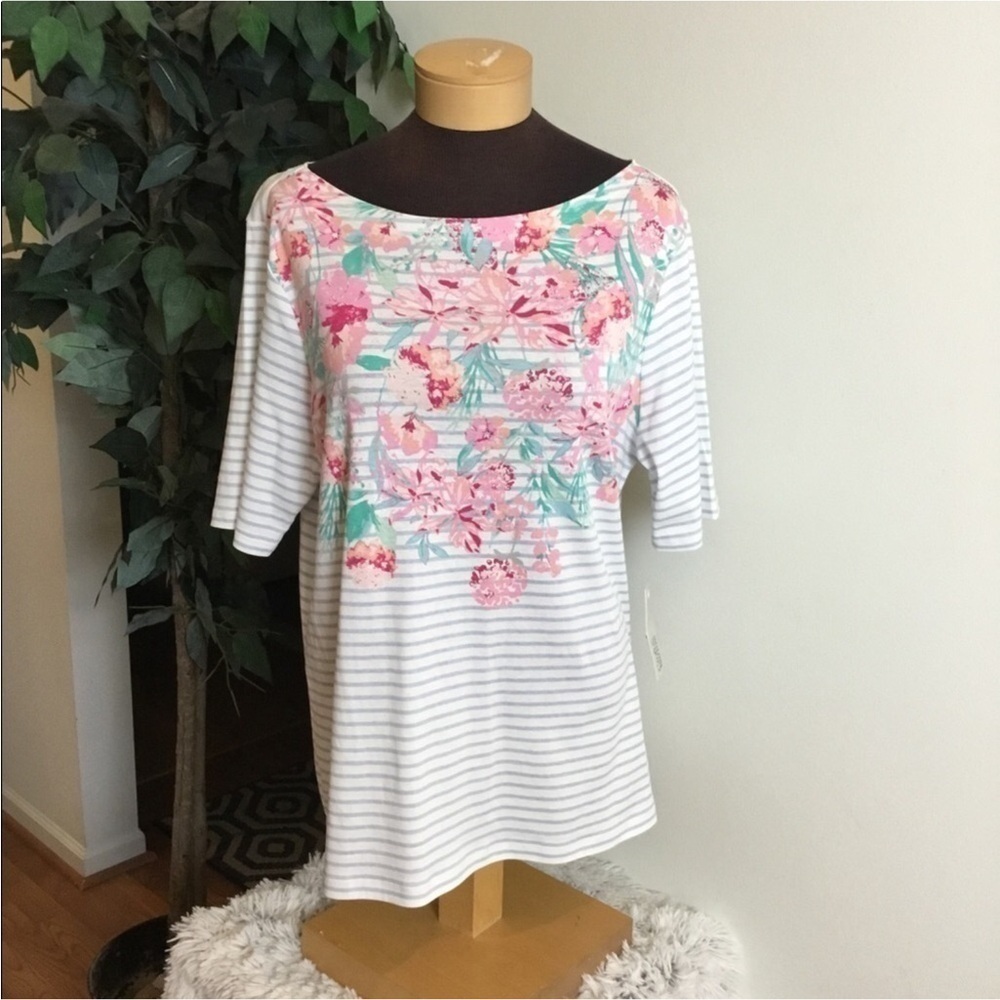 Croft & Barrow elbow sleeve floral striped tee Womans size XXL NWT